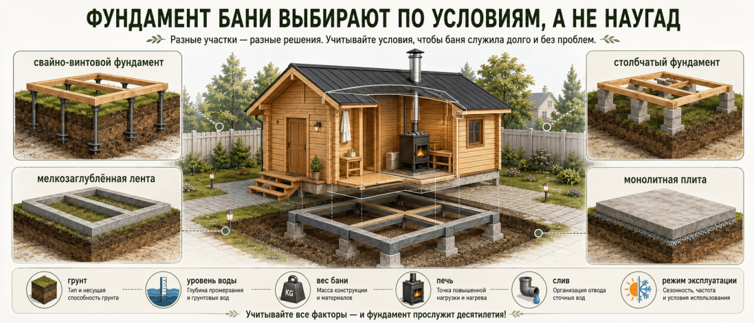 Фундамент для бани: какой выбрать для каркаса, бруса и сруба