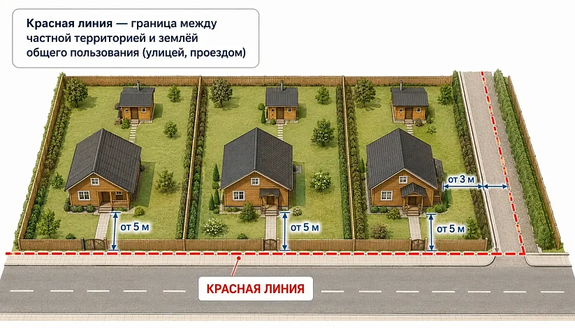 От красной линии улицы баню располагают не ближе 5 м, от красной линии внутриквартального проезда — не ближе 3 м
