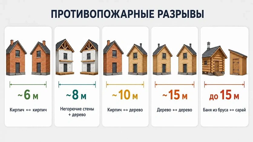 Чем горючее материалы соседних построек, тем больше противопожарный разрыв — от 6 м между каменными зданиями до 15 м между деревянными