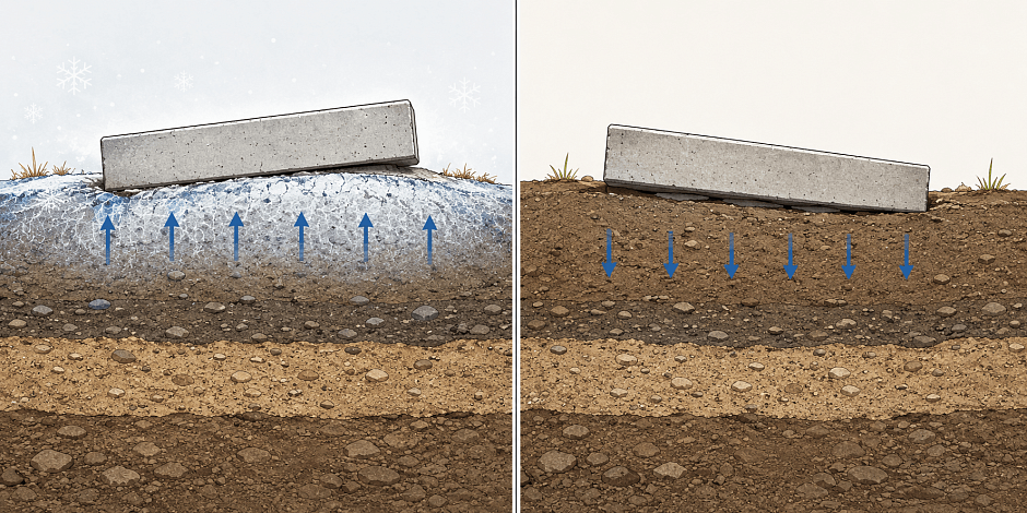 При промерзании влажный грунт расширяется и выталкивает основание, а при оттаивании — проседает. Неравномерное движение вызывает перекосы конструкций