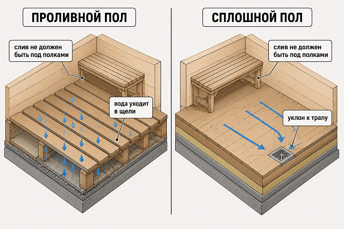 Проливной пол проще в монтаже, сплошной с трапом — гигиеничнее и не даёт запаха. В обоих случаях слив располагают в стороне от полков