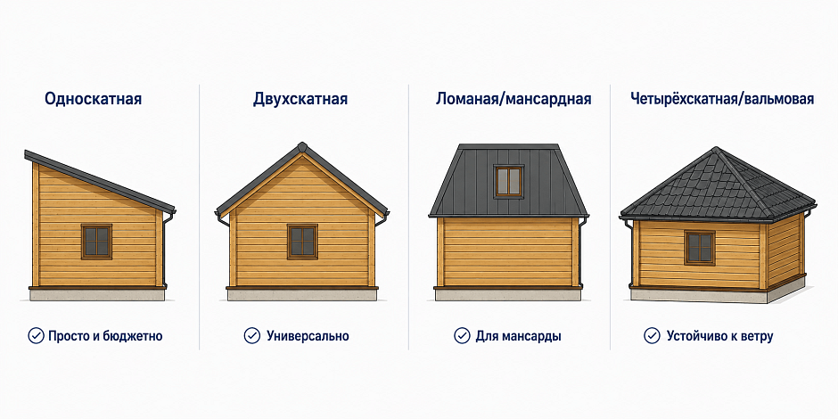От простой односкатной для сезонной бани до вальмовой для капитального строения на открытом участке — выбор зависит от размера бани и условий эксплуатации